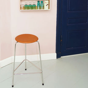 Fritz Hansen Arne Jacobsen High Dot Counter Stool Walnut Leather Polished Chrome in Copenhagen Apartment