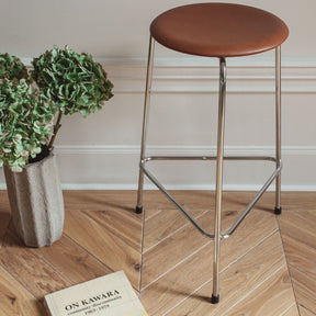 Fritz Hansen Arne Jacobsen High Dot Counter Stool Walnut Leather Polished Chrome in Kitchen with Herringbone Floors