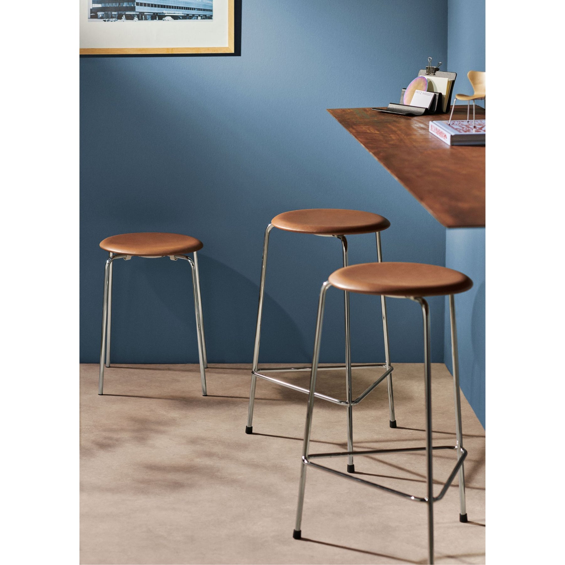 Fritz Hansen Arne Jacobsen High Dot Counter Stools Chrome and Walnut Leather in Blue Room