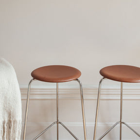 Fritz Hansen Arne Jacobsen High Dot Counter Stools Walnut Leather Polished Chrome Styled