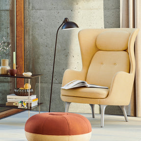 Fritz Hansen JH1 Ro Chair Chistianshavn Yellow in Living Room with Kaiser Idell Lamp, AJ Trolley, and Pouf