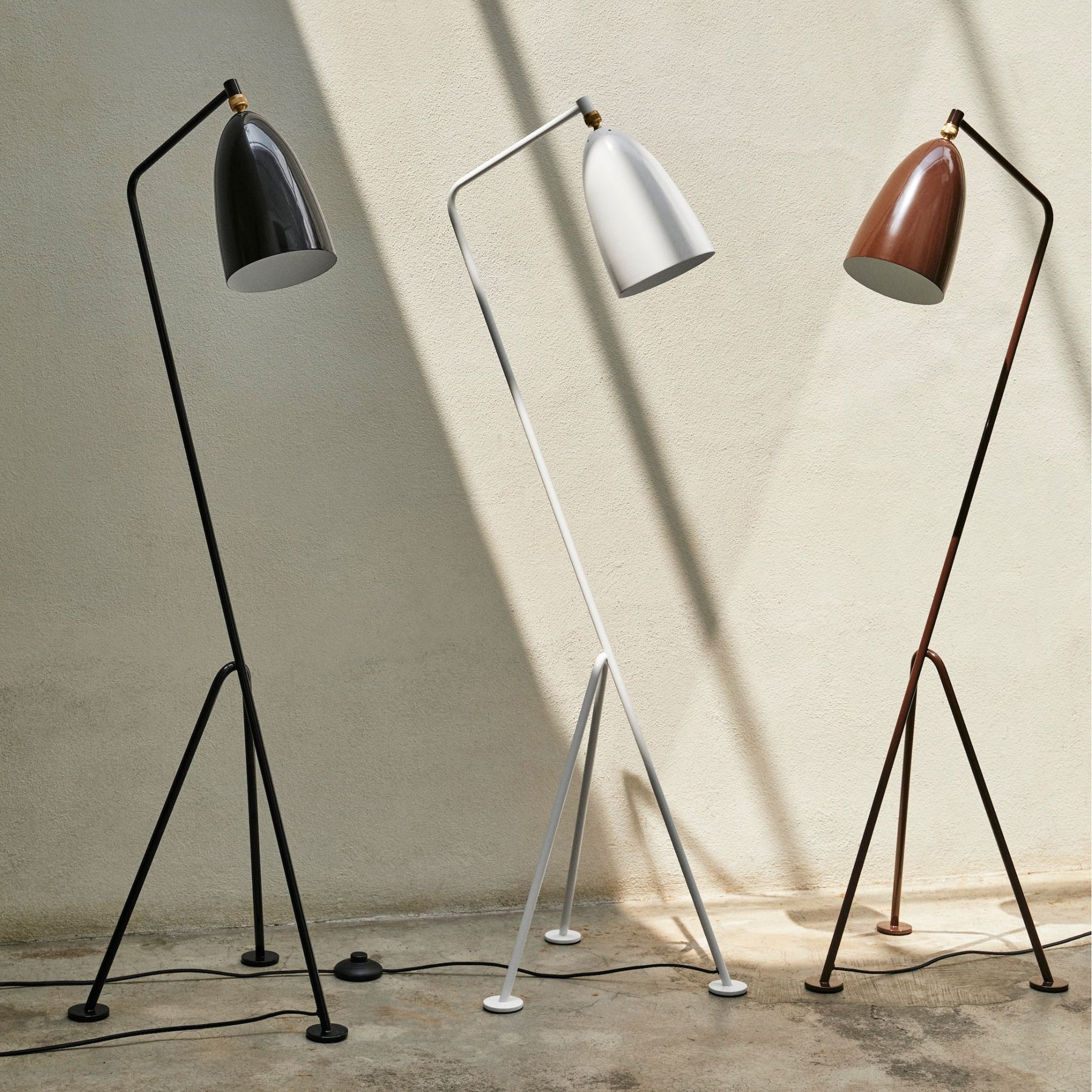 Gubi Grasshopper Floor Lamps in Glossy Colors Black White and Walnut Brown