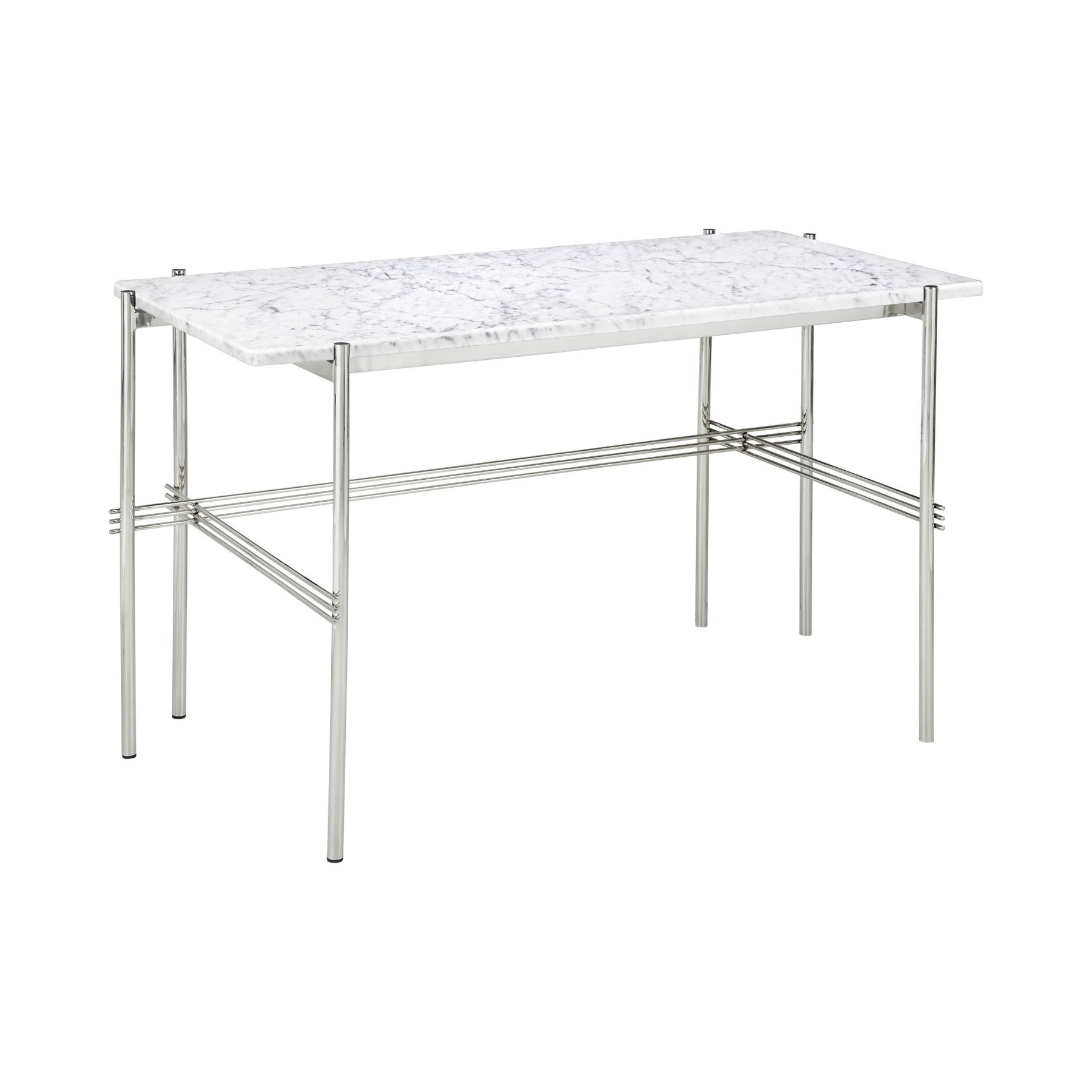 GUBI TS Desk by Gam Fratesi White Carrara Marble Top Polished Steel Base Angled