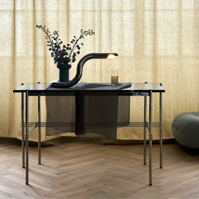 GUBI Marble TS Desk in Home Office with Herringbone Floors and Pacha Ottoman