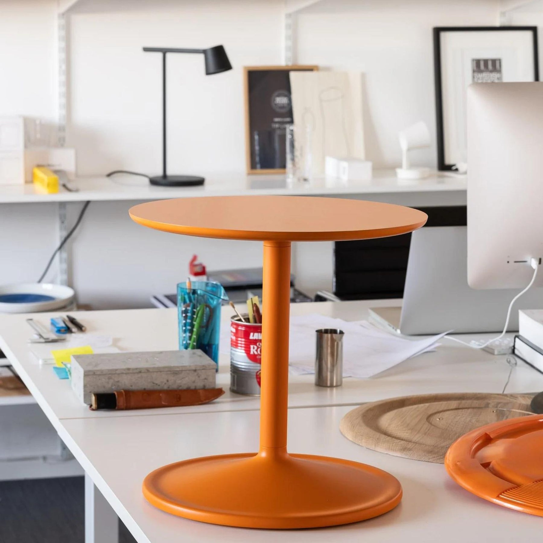 Muuto Soft Side Table Orange Prototype in Jens Fager's Studio with Tip Table Lamp