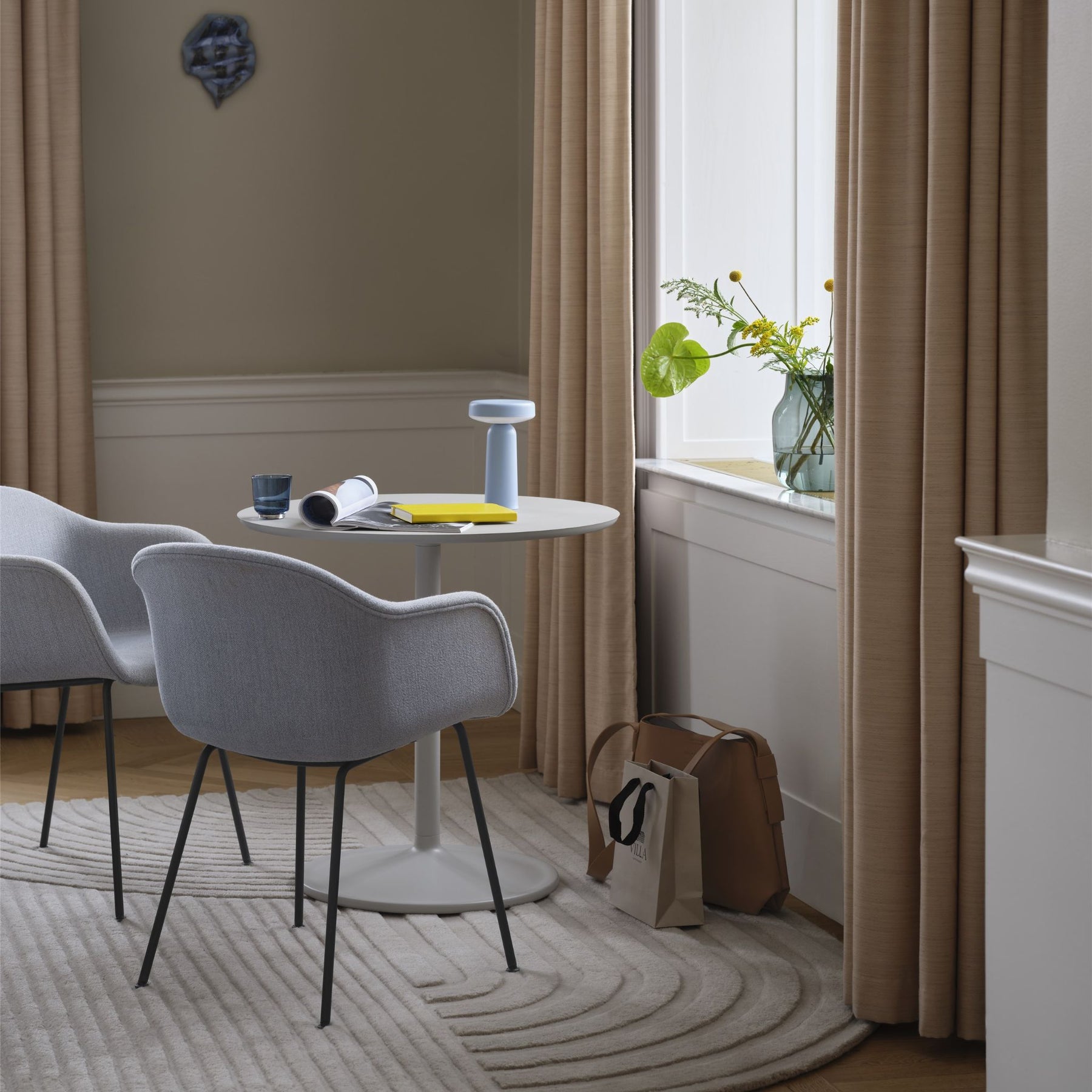 Muuto Relevo Rug with Fiber dining Chairs and Soft Cafe Table in Copenhagen Living Room by Window