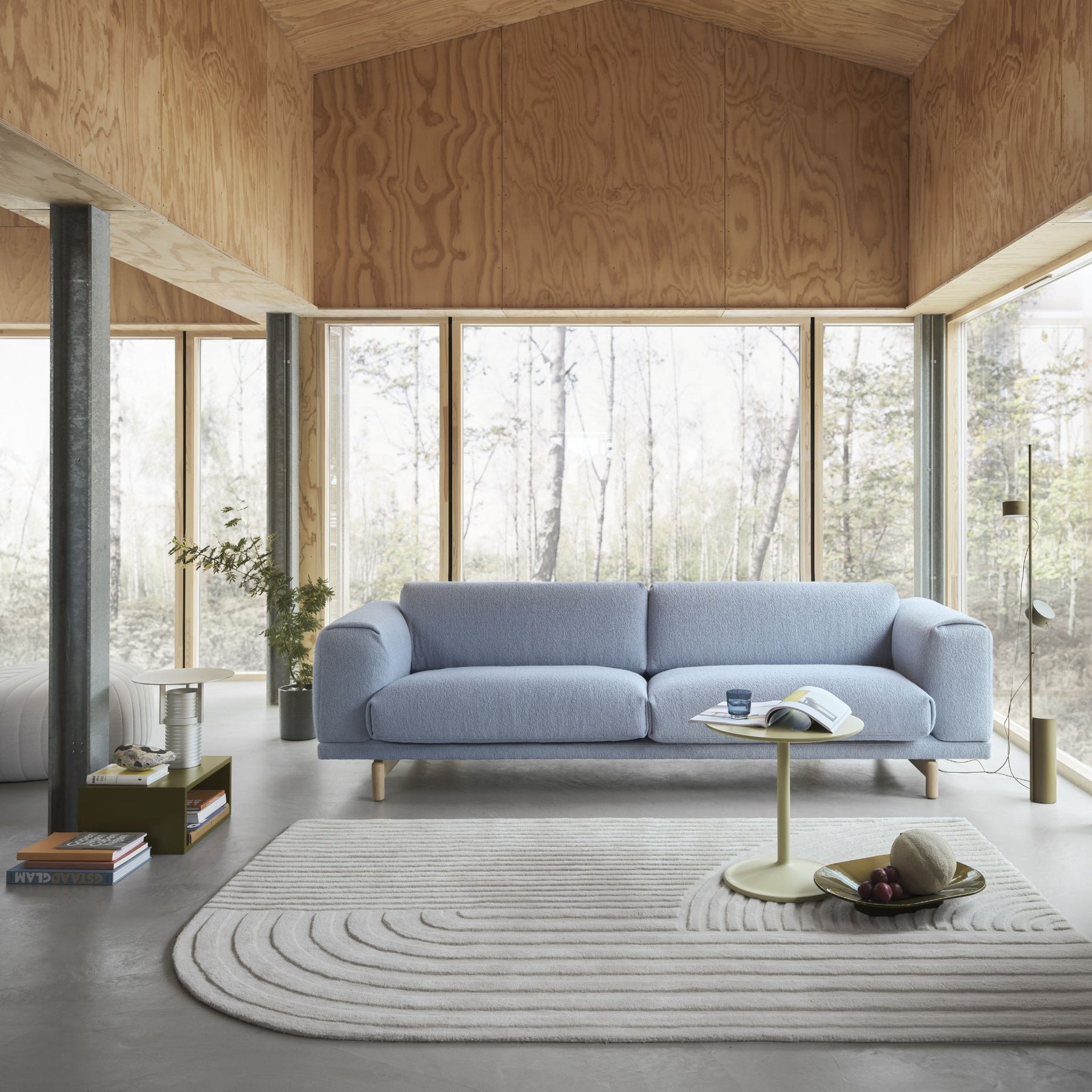 Muuto Rest Sofa Light Blue Boucle in Living Room with Relevo Rug and Post Floor Lamp