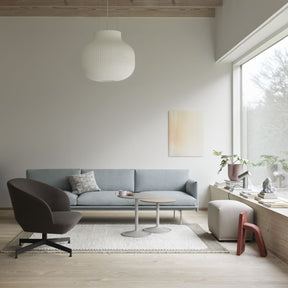 Muuto Soft Side Tables Oak and Grey in Living Room with Pebble Rug Oslo Swivel Echo Pouf and Strand Pendant