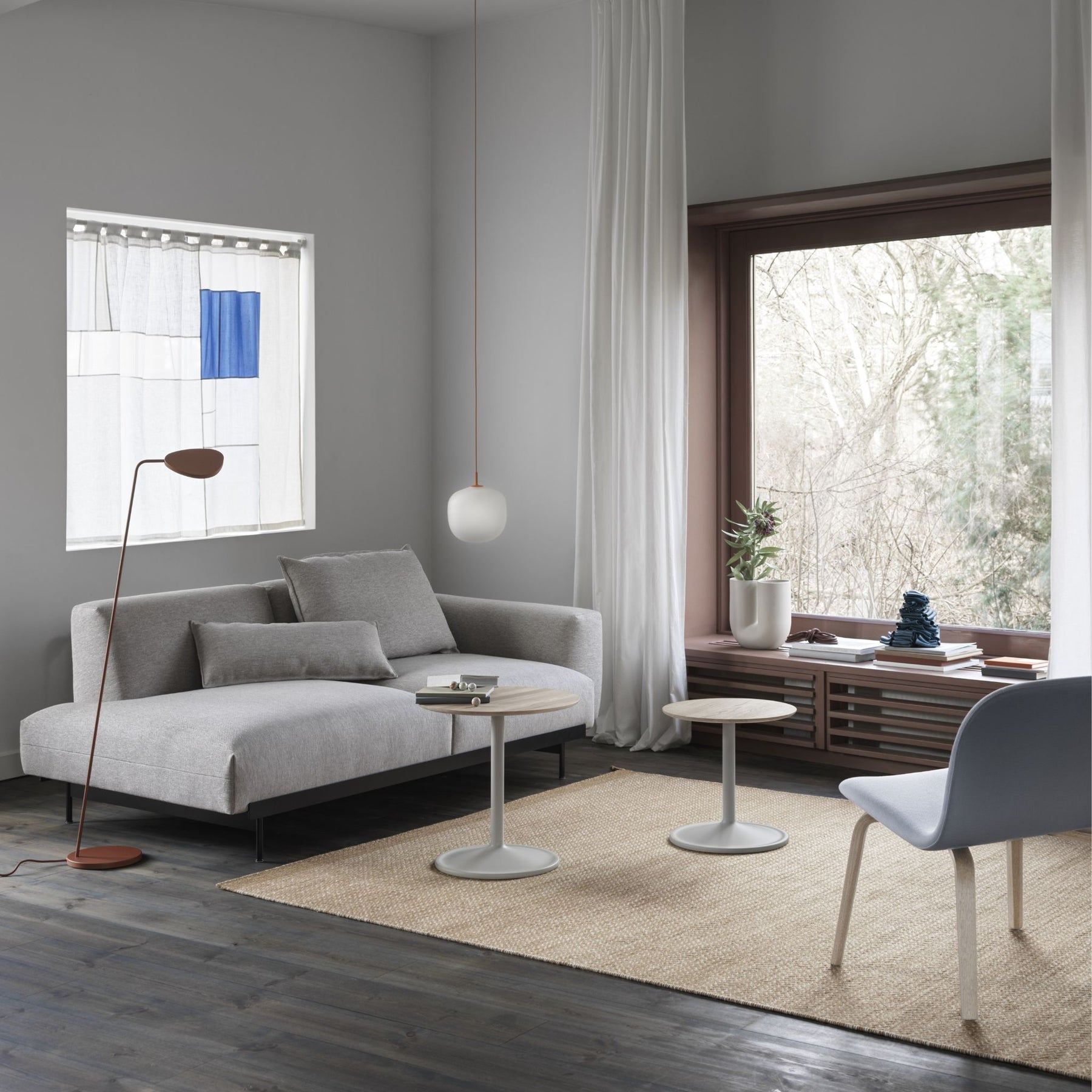 Muuto Soft Side Tables Oak in Living Room with In Situ Sofa Ply Rug and Leaf Floor Lamp