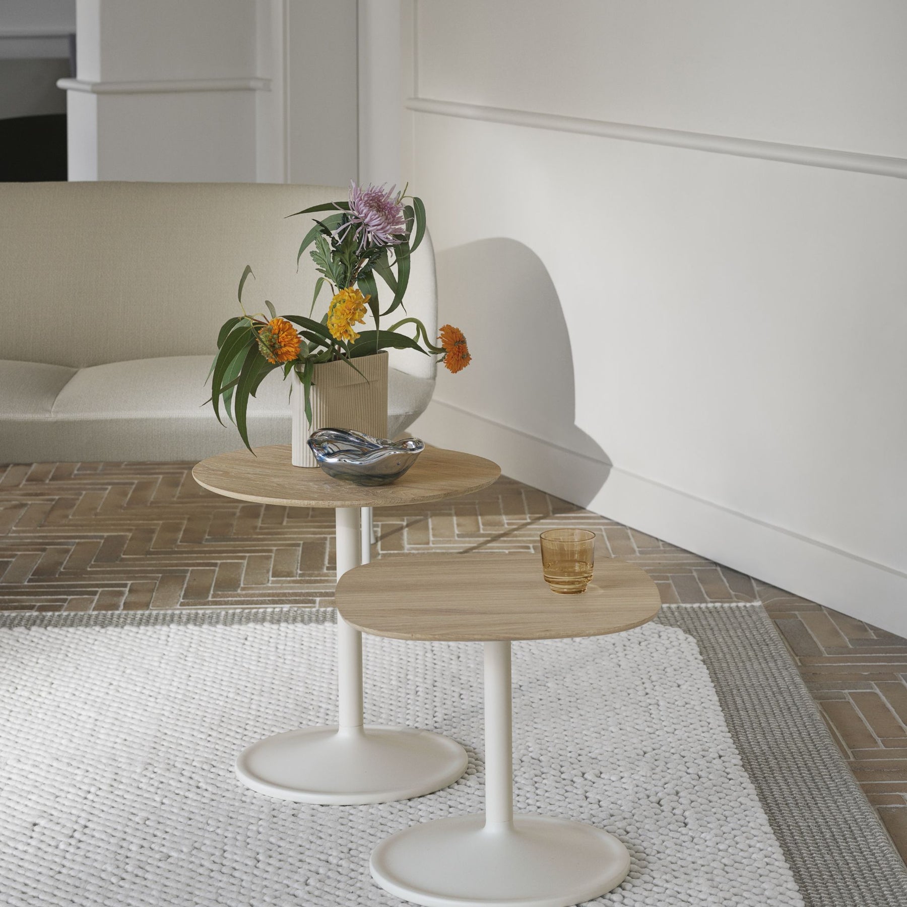 Muuto Soft Side Tables Solid Oak Top Off White Base in Copenhagen Living Room with Pebble Rug and Oslo Sofa